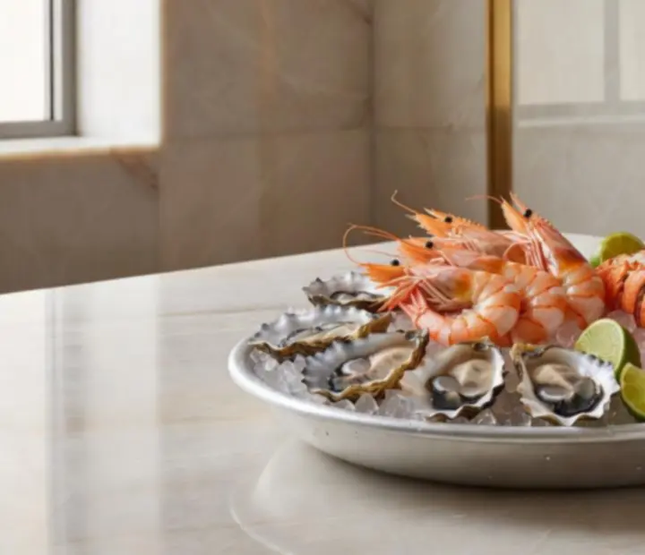 Platter of seasonal Australian seafood including oysters and prawns