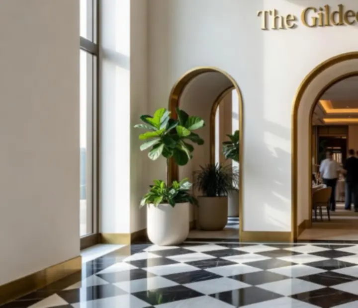 Marble and brushed brass entry foyer leading into The Gilded Token dining space