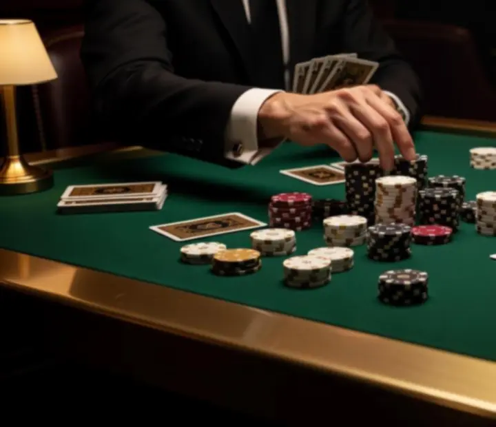 Invitation offline poker table in a private brass-accented card lounge with stacked chips and cards prepared for play