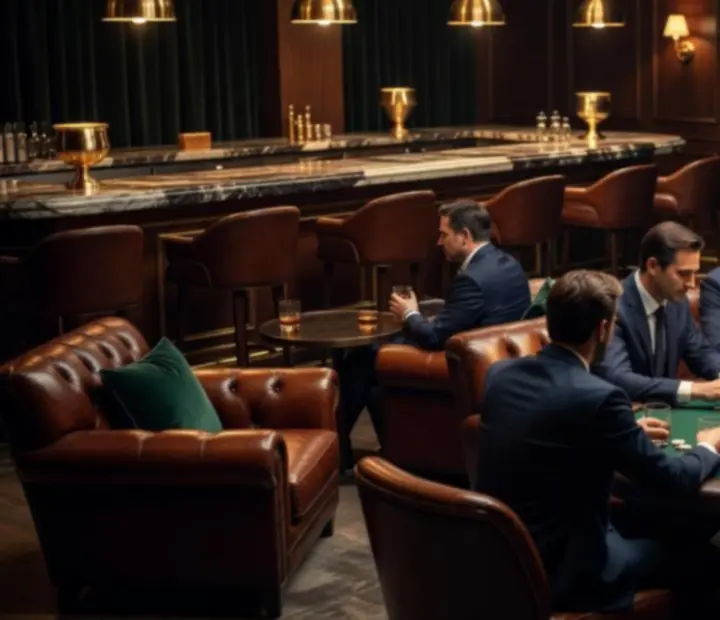 Ambient lighting and marble details inside The Gilded Token poker lounge