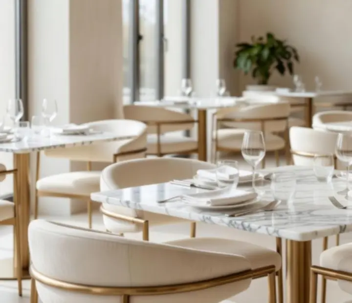 Elegant main dining room with marble textures and brass-accented lighting