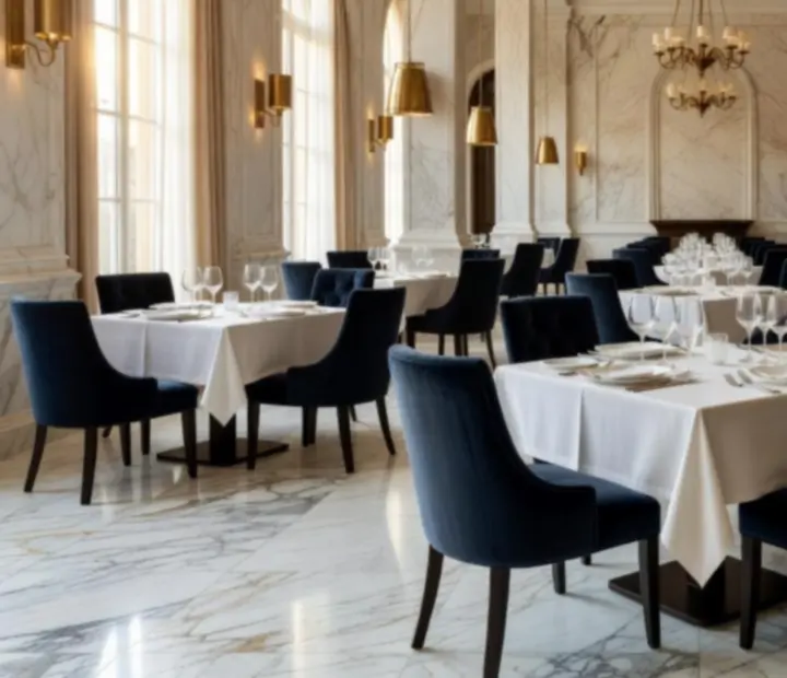 Marble dining room interior with brass lighting in Sydney