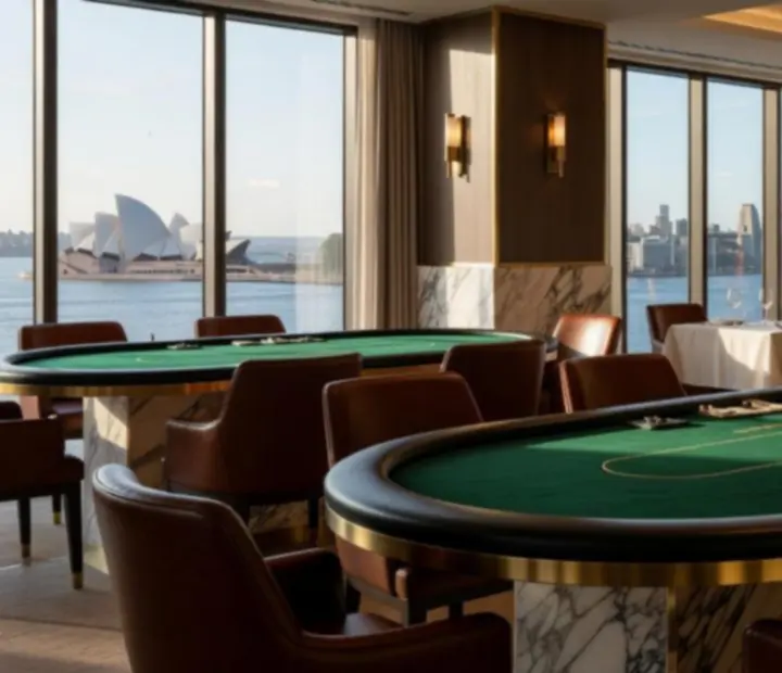 The Gilded Token's poker lounge with deep green felt tables and marble accents