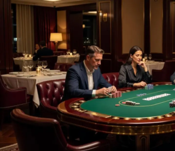 Exclusive poker lounge with professional green felt tables and ambient lighting