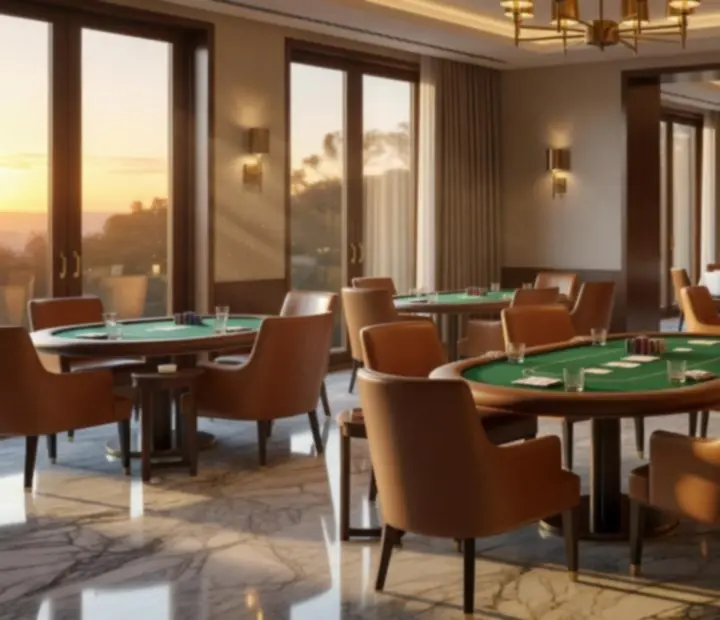 Overview of The Gilded Token poker lounge with marble details and green felt tables