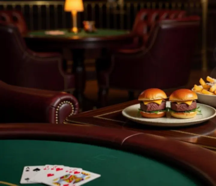 Bar bites including sliders and fries arranged beside a poker table