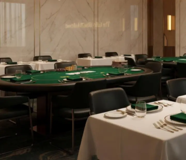 The Gilded Token poker room prepared for an event with neatly arranged tables and adjacent private dining setup