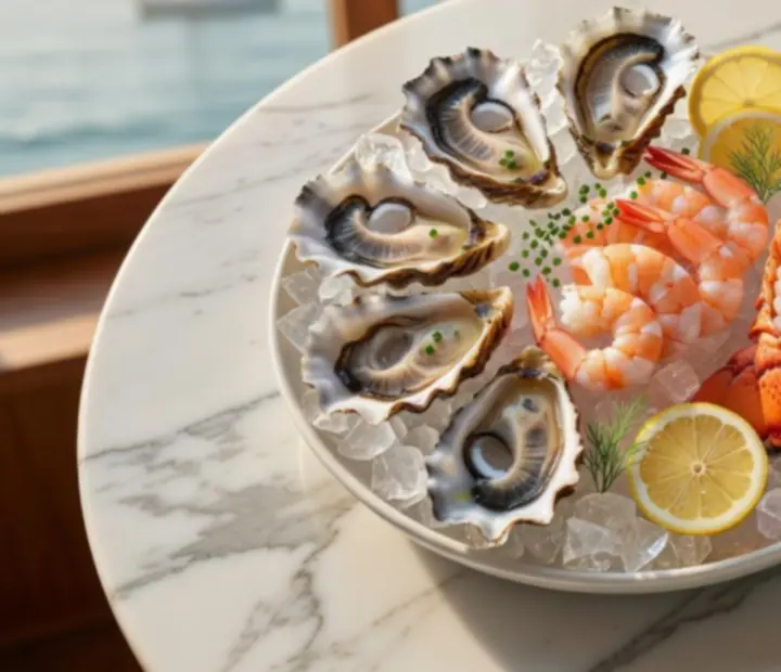 Seafood plate with oysters and prawns on a marble table at The Gilded Token.