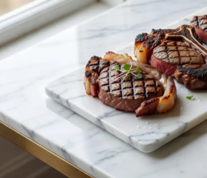 Selection of Australian steak cuts arranged on a marble platter at The Gilded Token.