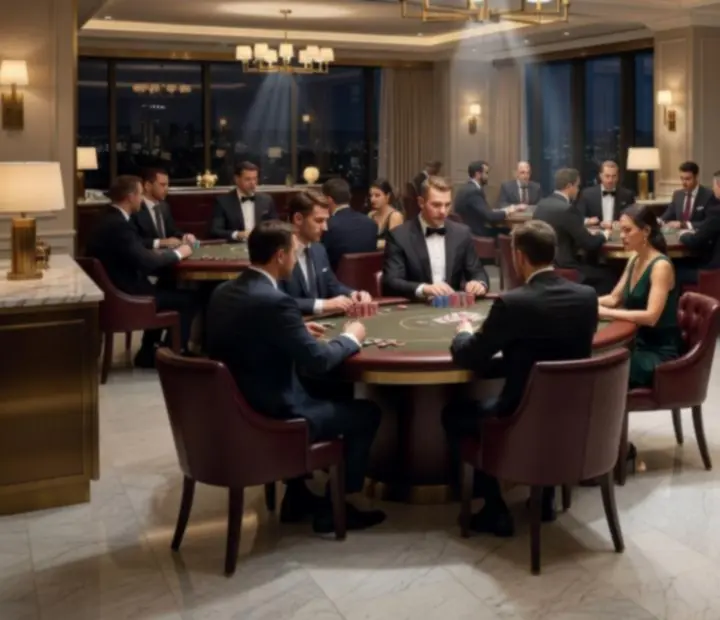 Tournament poker tables prepared in The Gilded Token's luxury lounge with chips and cards neatly arranged