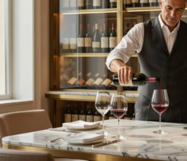 Sommelier pouring wine in The Gilded Token's cellar.